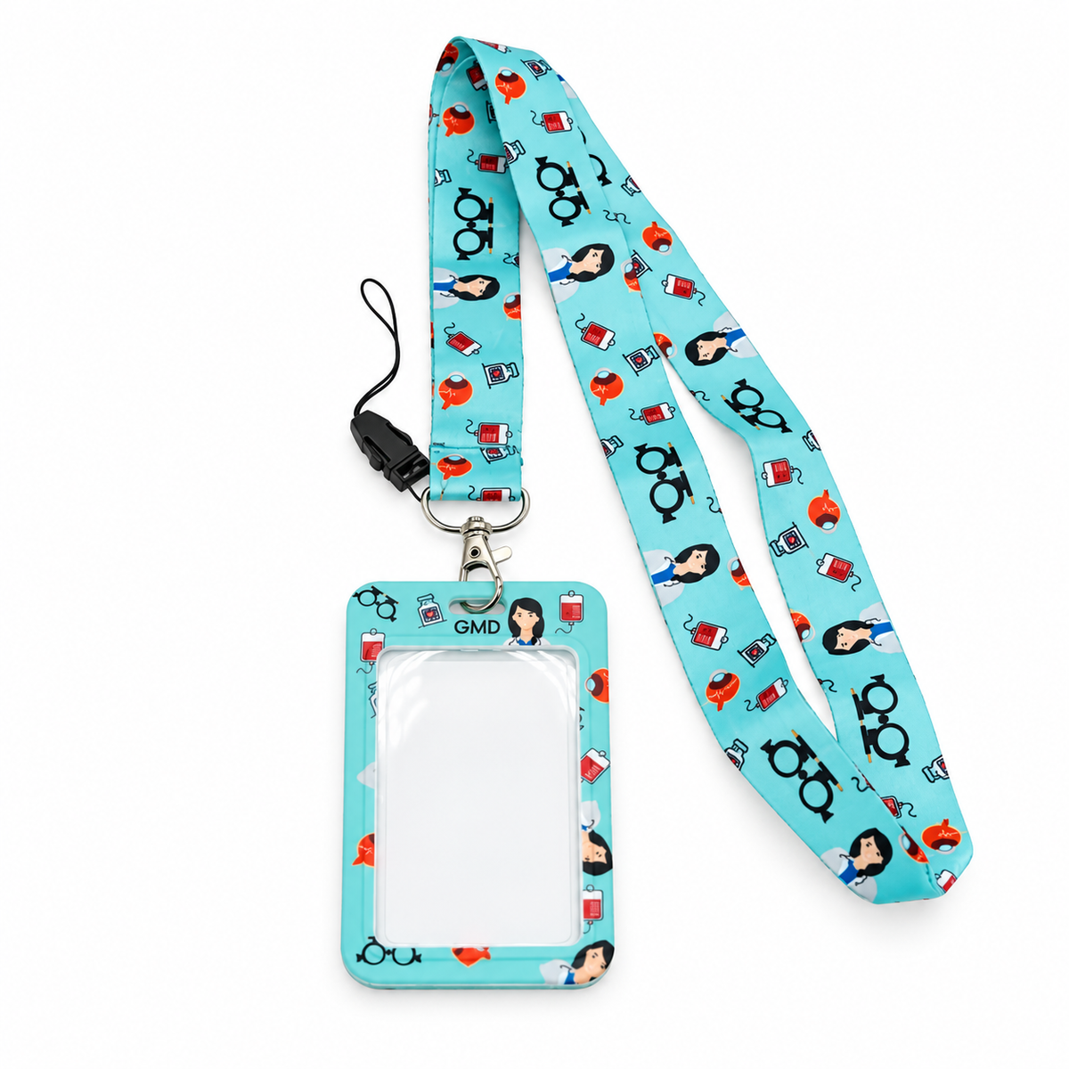 Porta carnet vertical GMD con lanyard y diseño de doctora, práctico para llevar la identificación durante jornadas académicas o profesionales.
