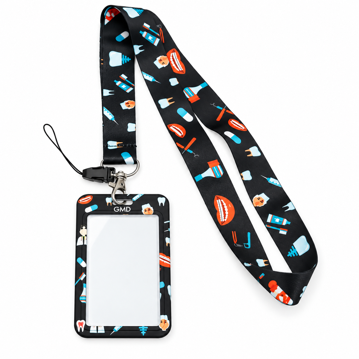 Porta carnet vertical GMD con lanyard y diseño de odontología, práctico para llevar identificación durante jornadas académicas o profesionales.