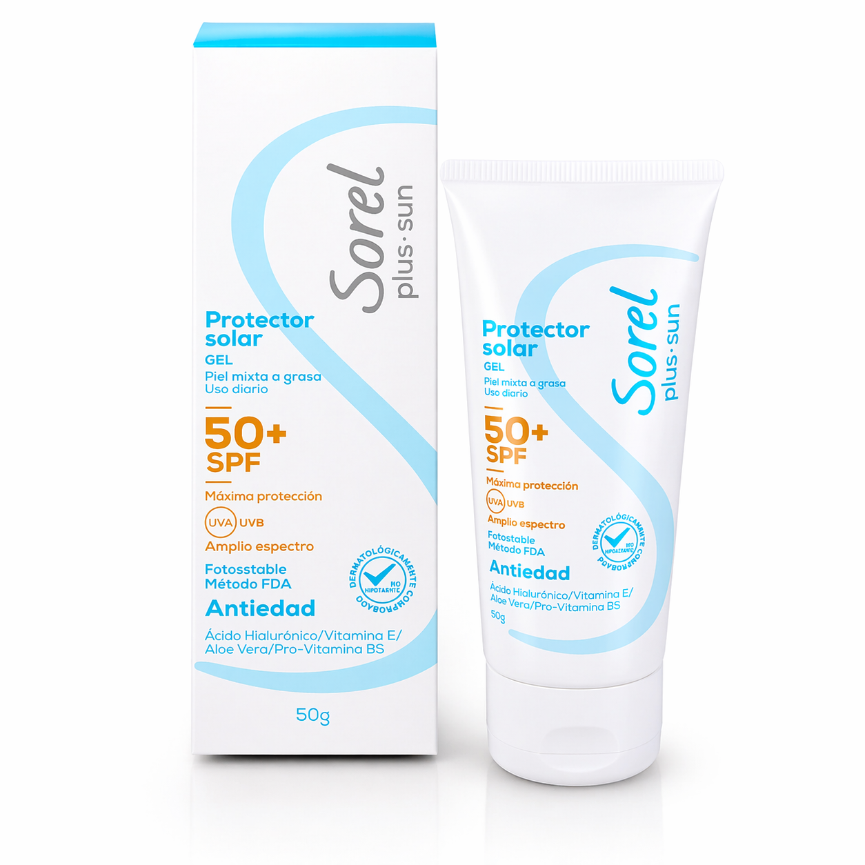 Protector solar Sorel Plus SPF50+ gel 50g Ecar, bloqueador facial de amplio espectro para piel mixta a grasa con efecto antiedad y uso diario