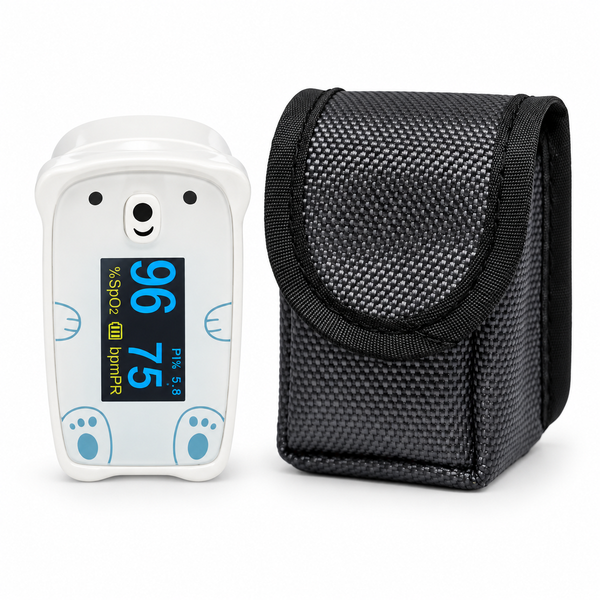 Pulsioxímetro pediátrico Pulsax GMD referencia GMDPX-500A, diseñado para medir la saturación de oxígeno y la frecuencia de pulso en pacientes pediátricos.