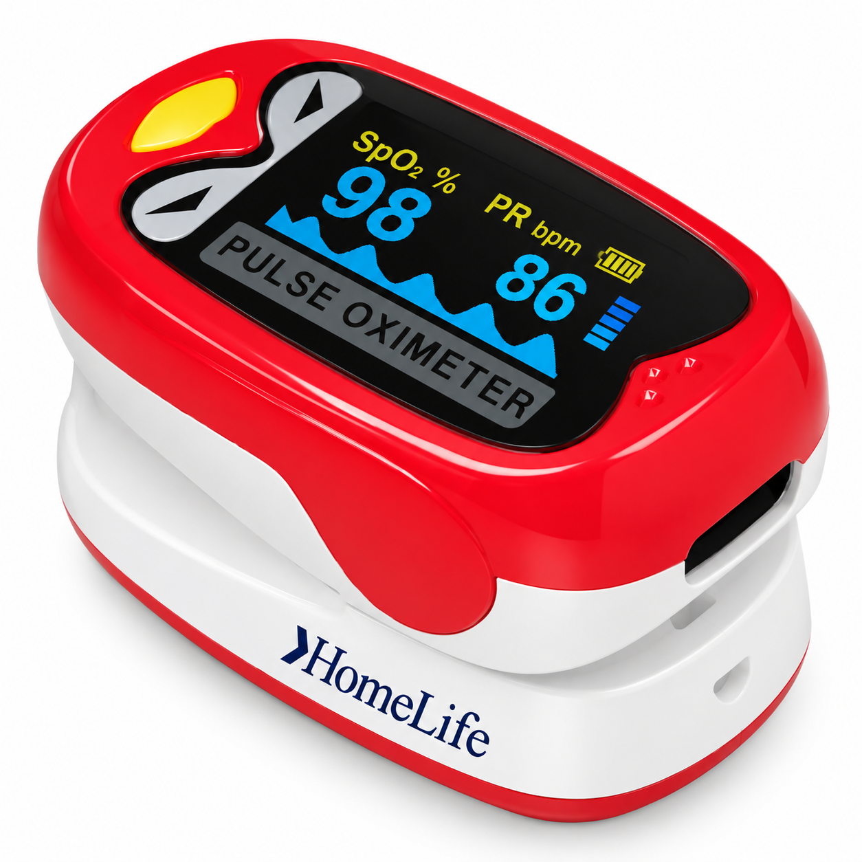 Pulsoxímetro de dedo K1 Home Life para uso neonatal y pediátrico, color rojo, diseñado para medir saturación de oxígeno y frecuencia cardíaca.