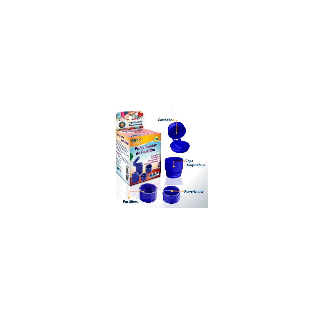Pulverizador de pastillas MP Promedical de 100 ml, color blanco, con boquilla ajustable y cuerpo transparente para fácil visualización.