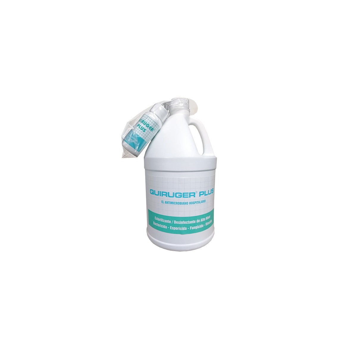 Desinfectante QUIRUGER® PLUS en frasco de 1000 cc, líquido traslúcido azul, con olor a limón, formulado para desinfección hospitalaria.