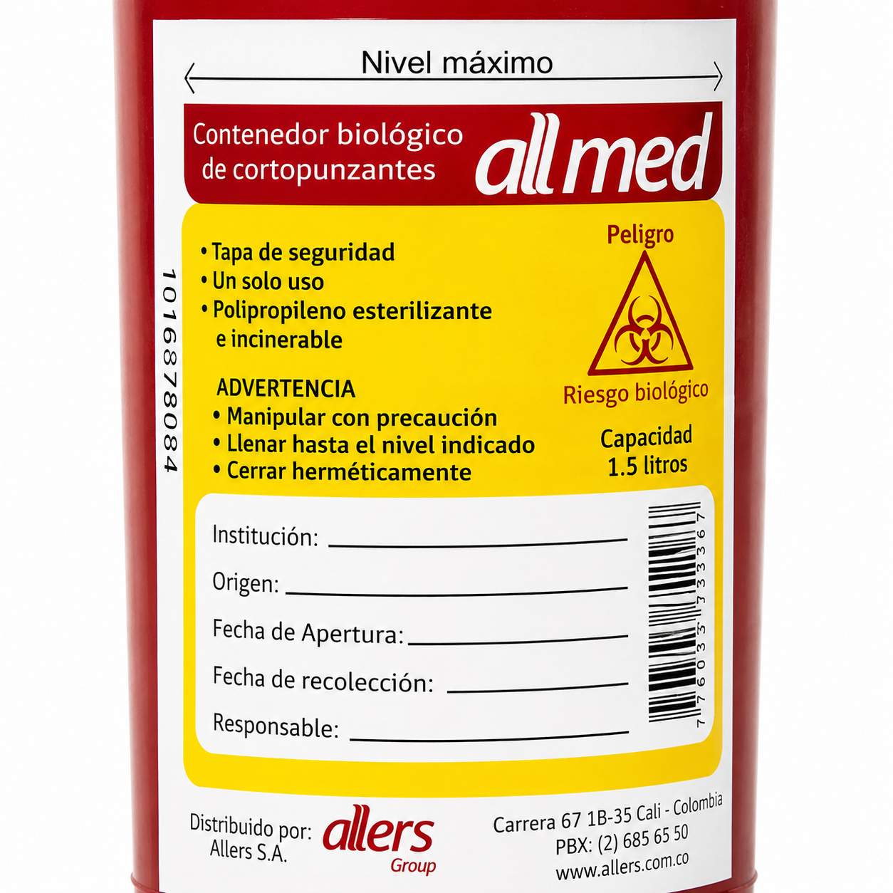 Recolector biológico Allmed de 1.5 litros para manejo seguro de residuos médicos