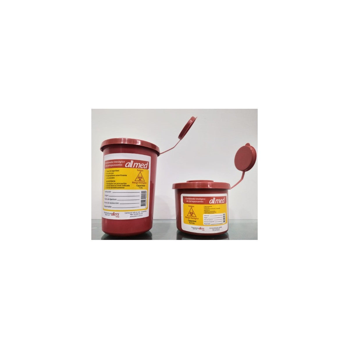 Recolector Guardian 0.5L de Allmed, recipiente transparente de plástico, diseñado para uso profesional en entornos clínicos.