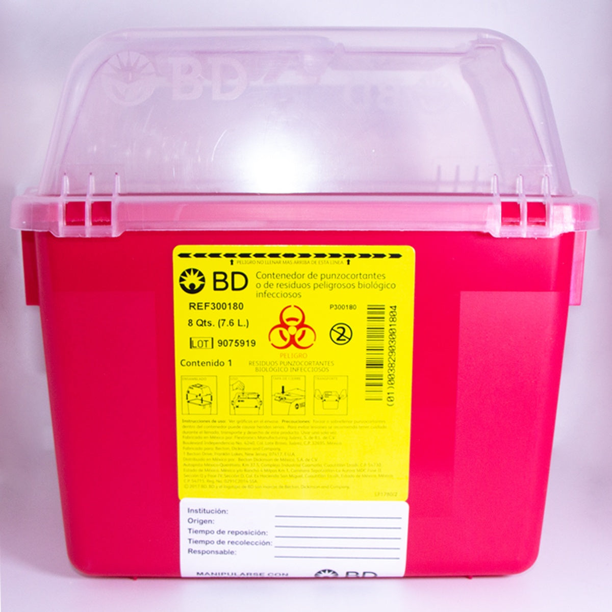 Recolector desechable BD GUARDIAN de 7.6 litros, fabricado en polipropileno rígido, con tapa de seguridad y sistema de embudo unidireccional.
