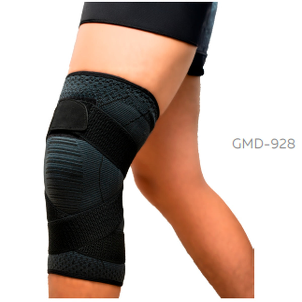 Rodillera deportiva cruzada GMD-928 de Impormedical, fabricada en nailon negro con bandas elásticas ajustables para soporte y estabilidad.