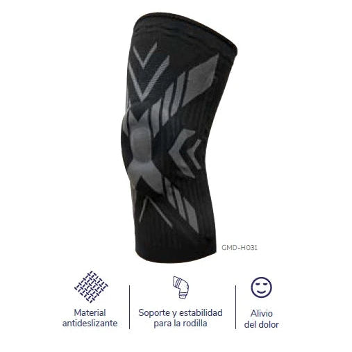 Rodillera deportiva GMD Talla M, fabricada en neopreno negro, diseñada para soporte y comodidad en actividades físicas.