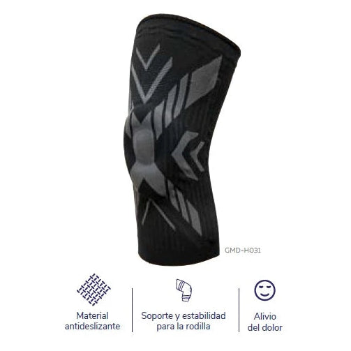 Rodillera Deportiva GMD Talla S, fabricada en neopreno negro, diseñada para soporte y comodidad durante actividades deportivas.