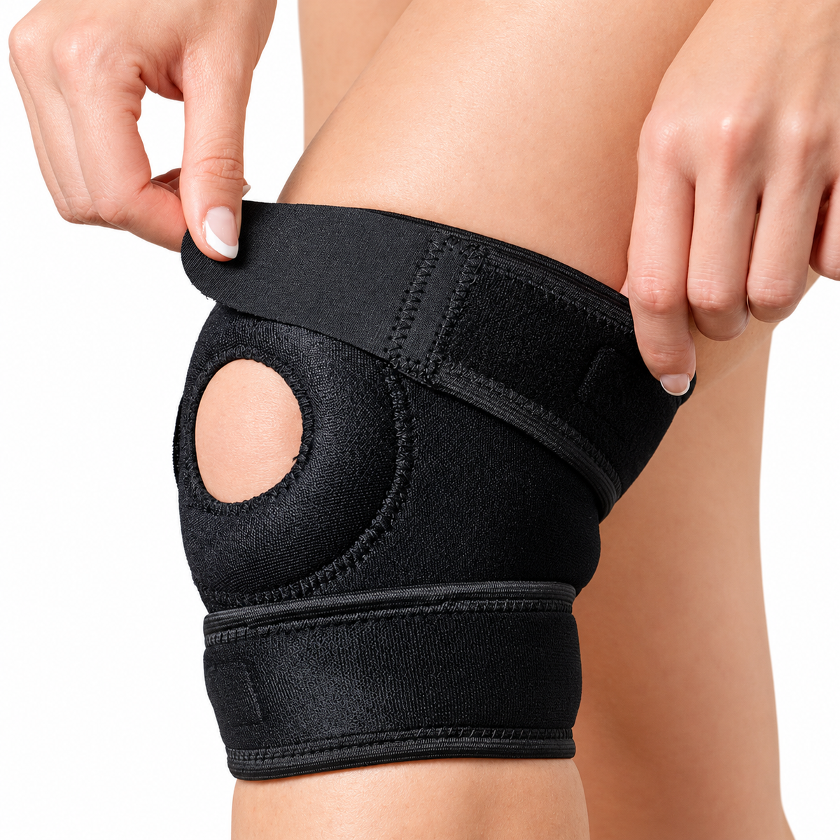 Rodillera estabilizadora patelar corta Ortotex de talla universal, diseñada para brindar soporte, compresión y estabilidad en la rodilla.