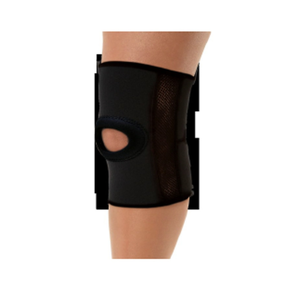 Rodillera rótula abierta talla S, color negro, fabricada en neopreno y poliéster, con orificio patelar para soporte y transpiración.