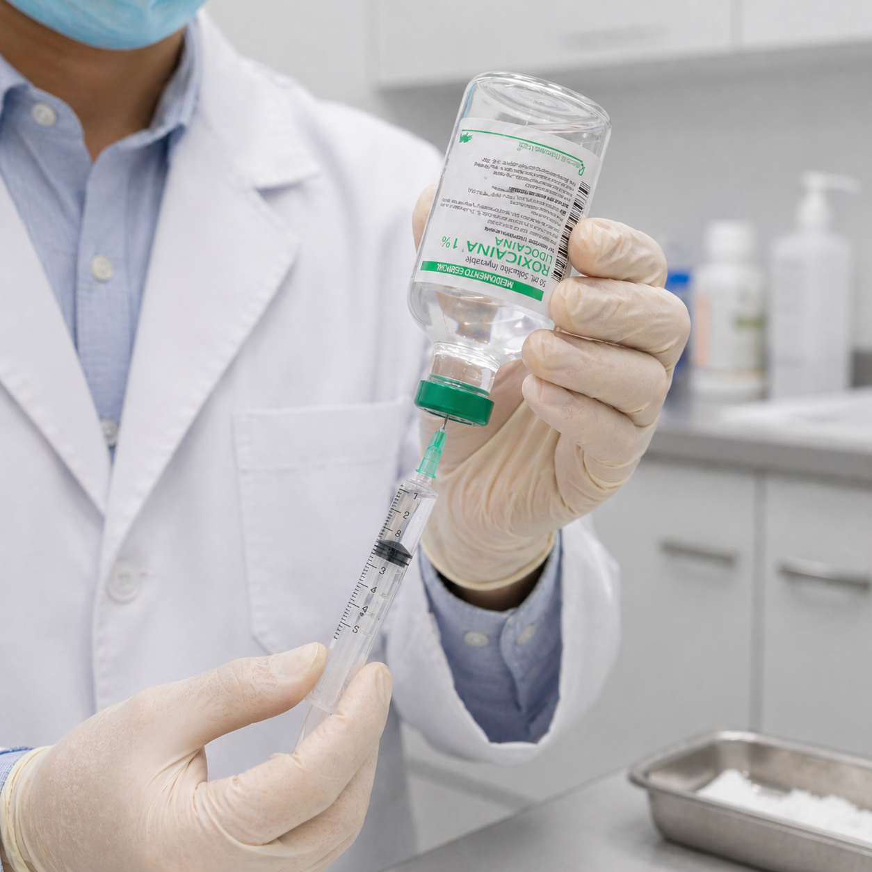 Médico llenando jeringa con roxicaina 1% lidocaína solución inyectable frasco 50 ml etiqueta invertida en entorno clínico