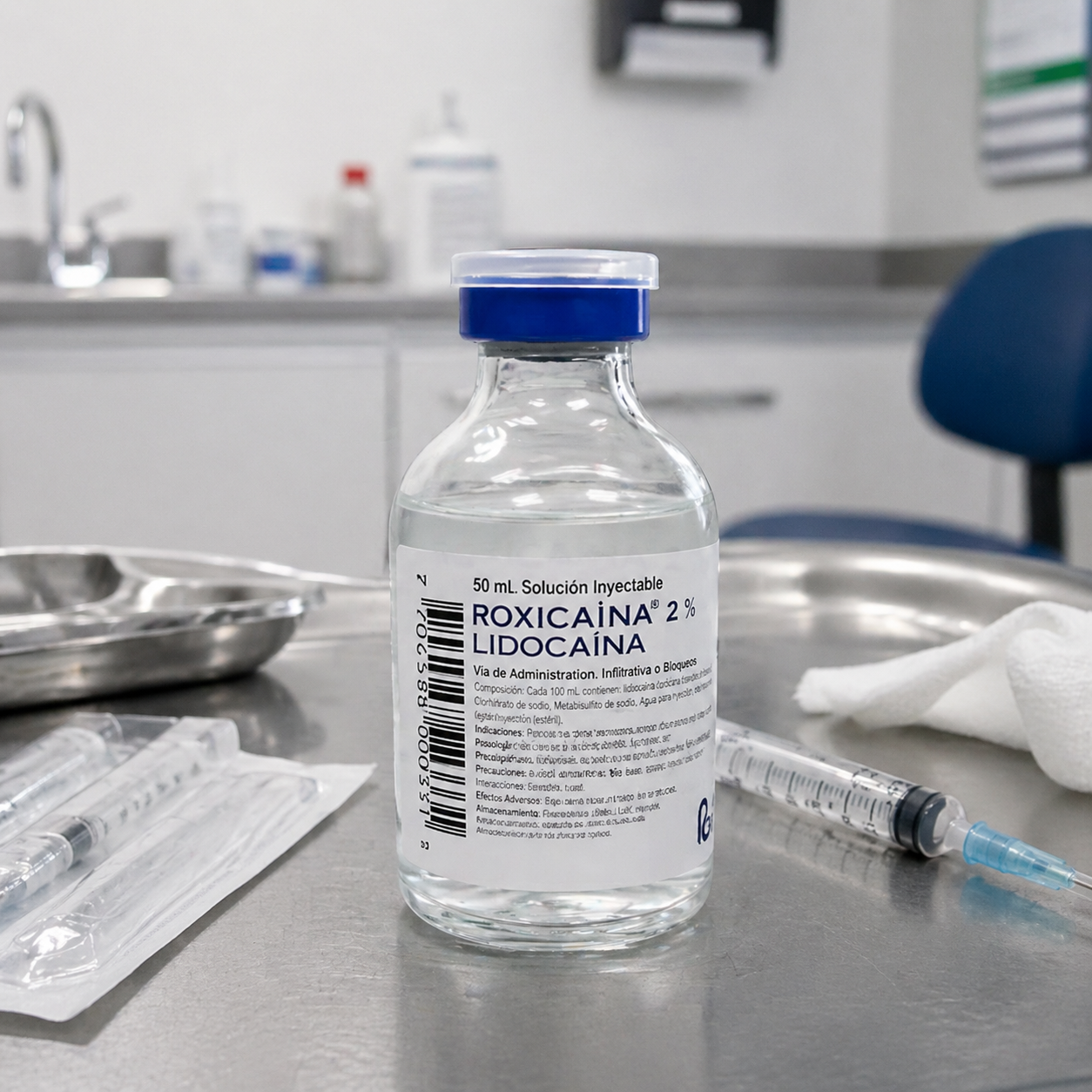 Roxicaina 2% lidocaína solución inyectable frasco 50 ml en consultorio médico con jeringa y equipo clínico