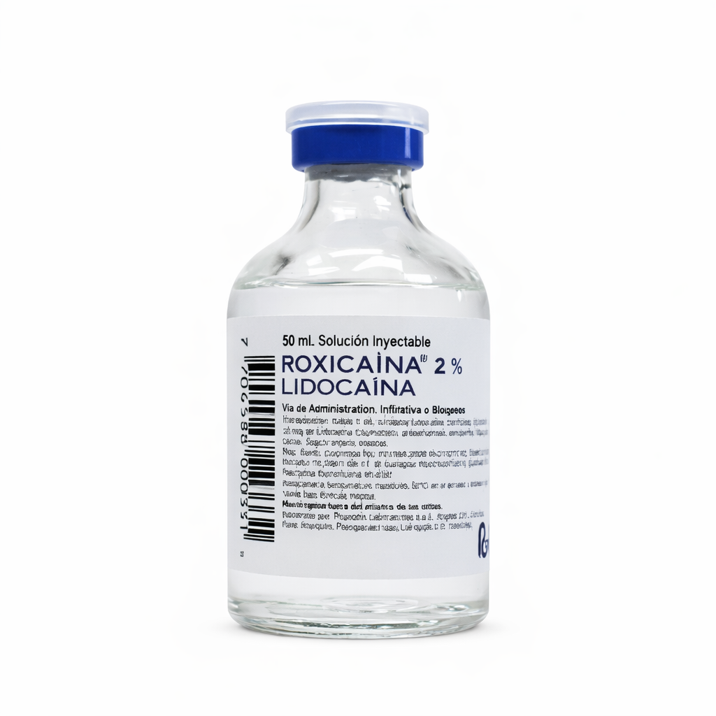 Roxicaína 2% Simple, frasco vial de 50 ml, anestésico local de color transparente, con tapa blanca y etiqueta informativa.