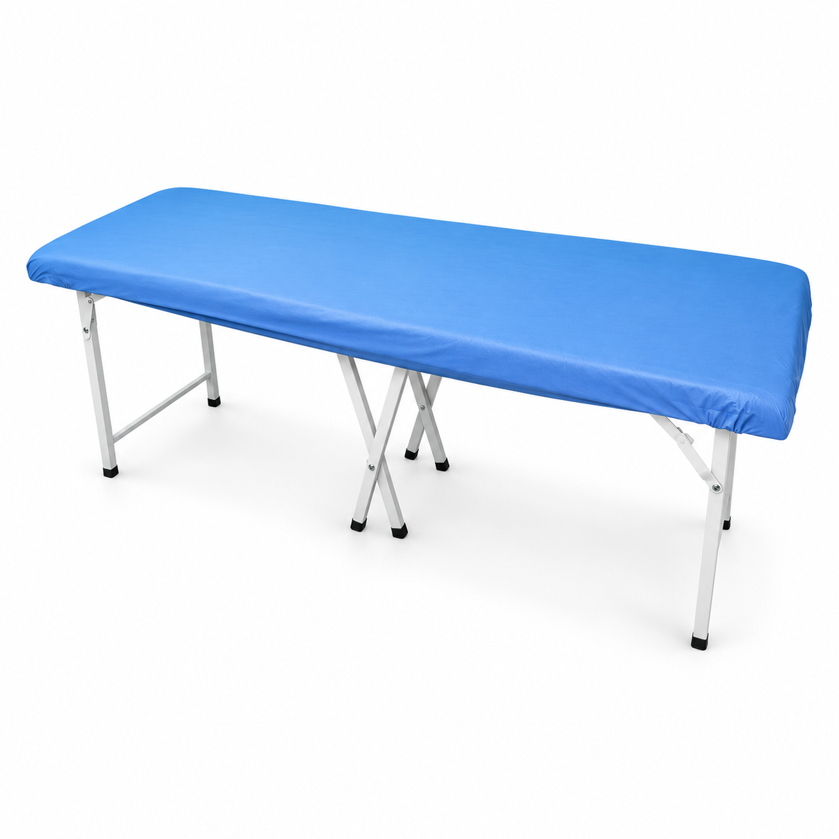 Sábana desechable resortada azul Allmed para camilla de 2 x 1 m, calibre 25-30 g, paquete de 10 unidades.