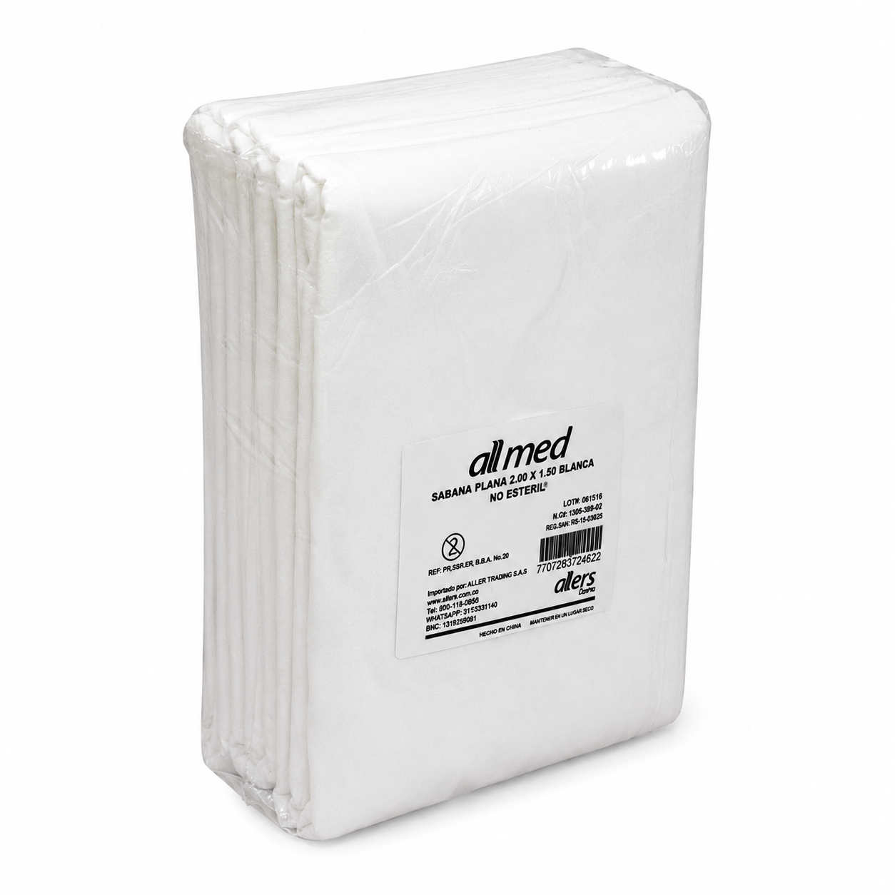 Paquete de sábana plana color blanco Allmed 24 GR no estéril para uso médico e institucional.
