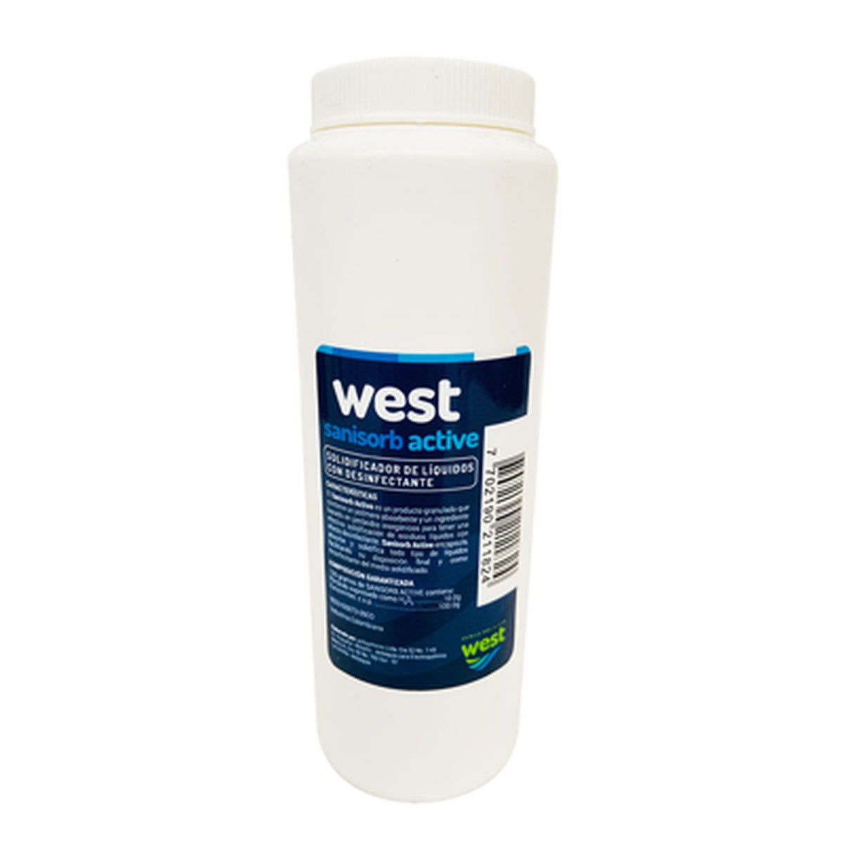 Granulado desinfectante SANISORB ACTIVE de 200 g, formulado para absorber fluidos y neutralizar olores, en envase rígido.