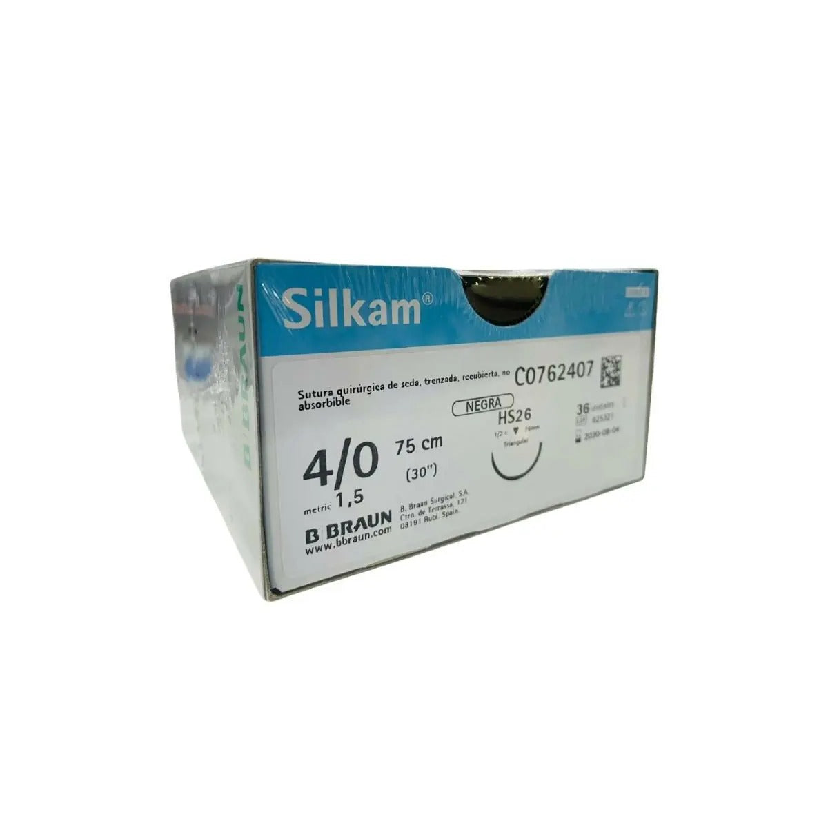 Sutura no absorbible SILKAM® 4/0, trenzada y recubierta de seda natural, color negro, con aguja de acero inoxidable de 75 cm.