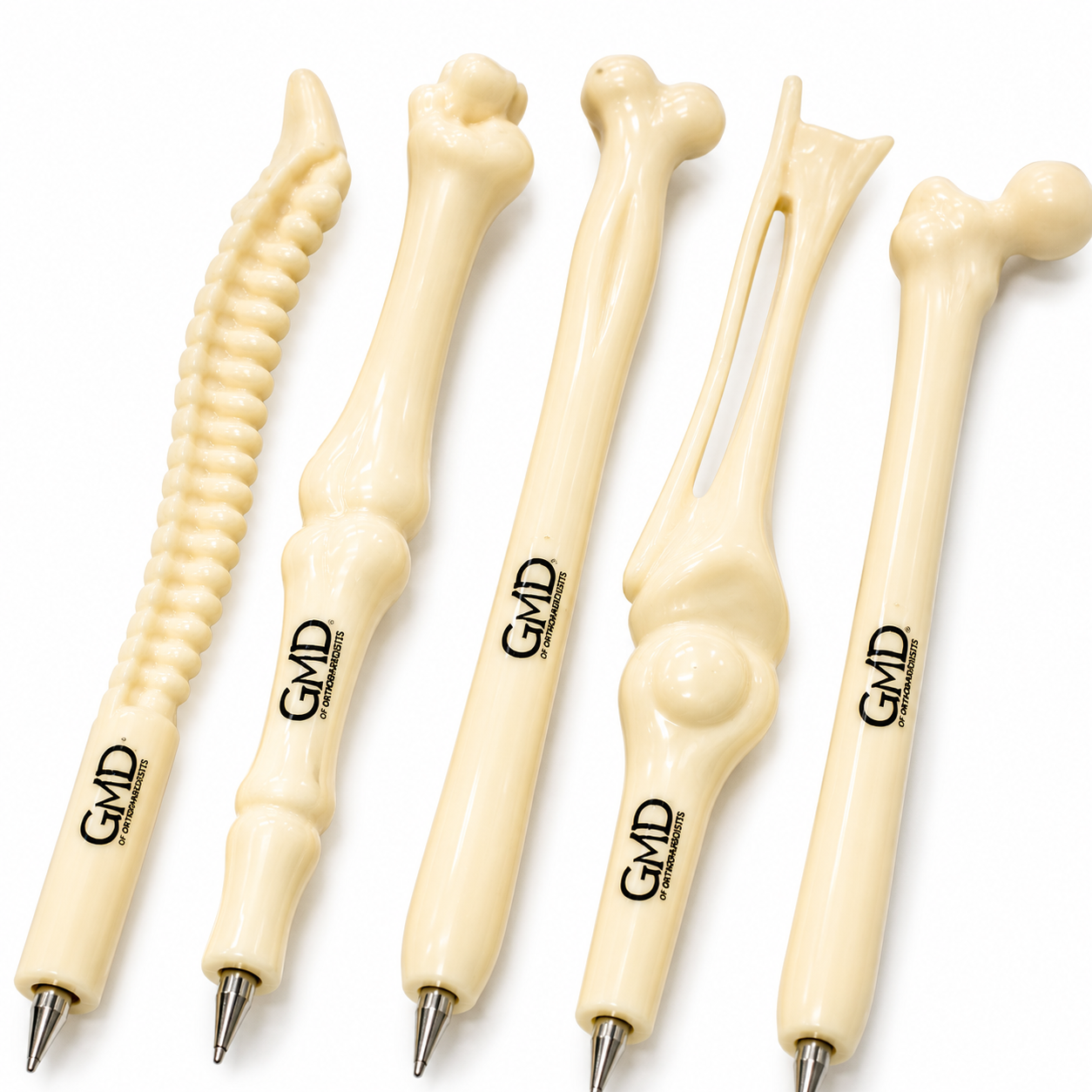 Set de lapiceros decorativos motivo huesos GMD con acabados detallados y diseño temático médico.