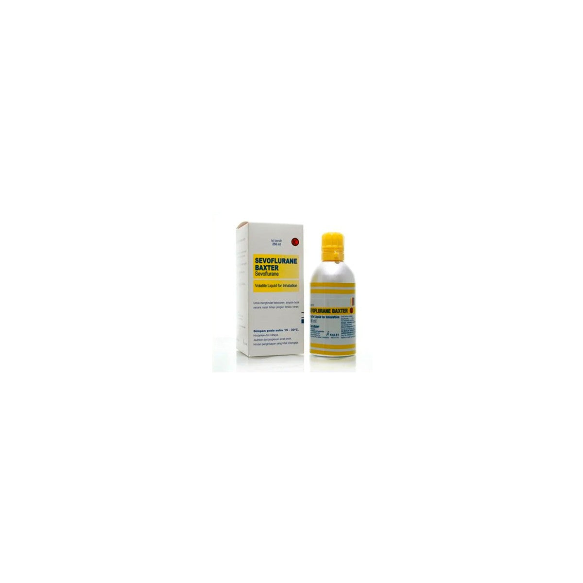 Sevoflurano 250 ml, anestésico inhalatorio de Baxter, en frasco transparente con tapa blanca, fondo blanco.