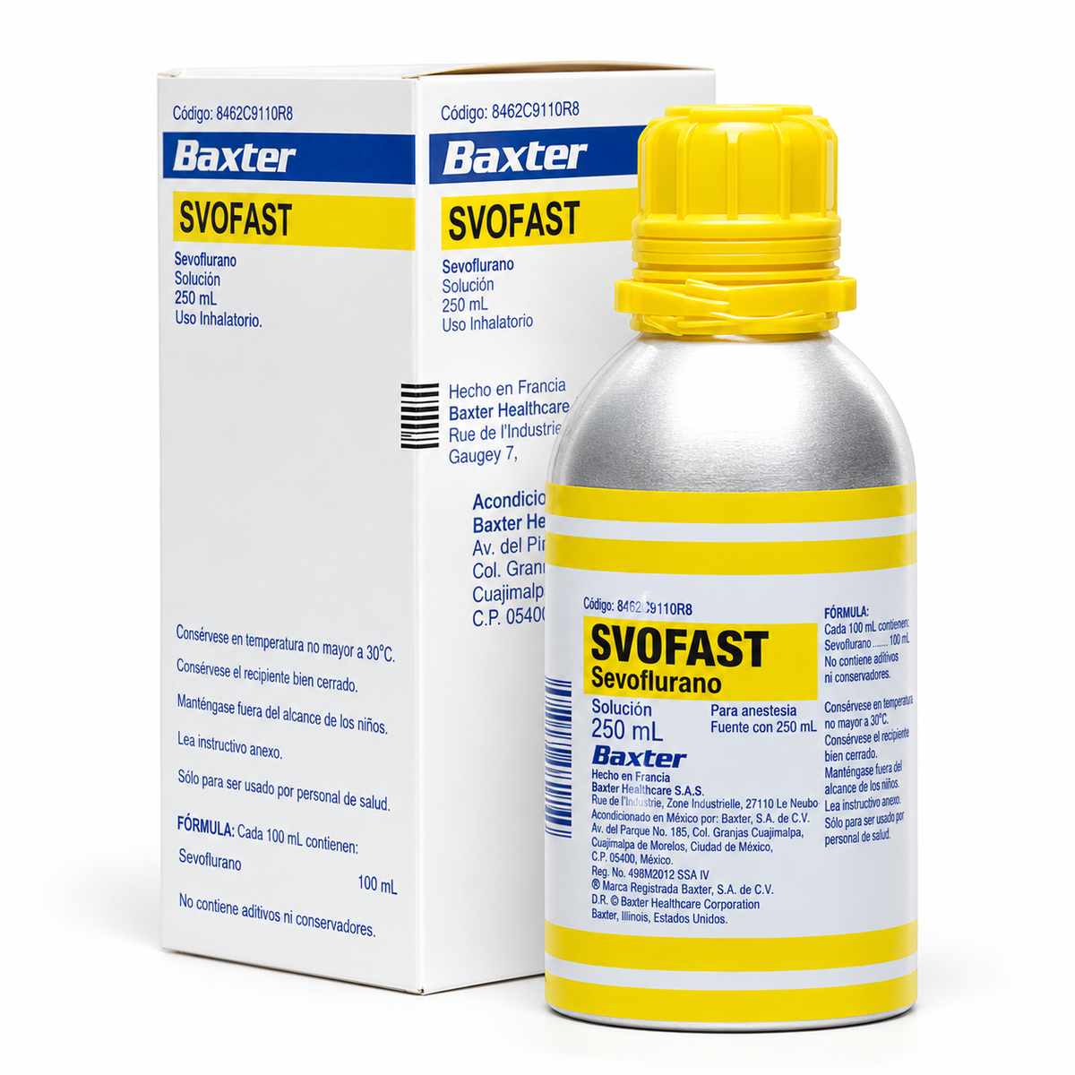 Sevoflurano anestésico inhalatorio Baxter en frasco de 250 ml para uso médico y anestesia general.