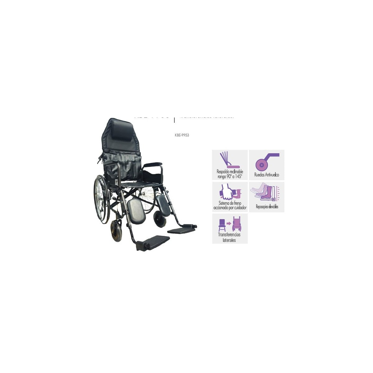 Silla de ruedas reclinable KBE-9953, estructura de acero martillado, color negro, respaldo de 80 cm, capacidad de peso 116 kg.