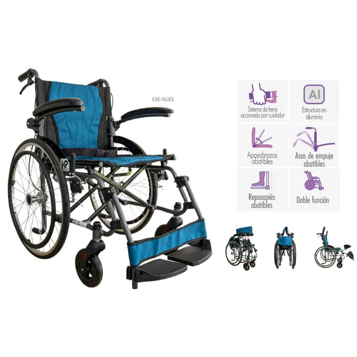 Silla de ruedas de transporte KBE-9630L de Konfort Plus, fabricada en aluminio, color gris, con reposabrazos y ruedas traseras grandes.