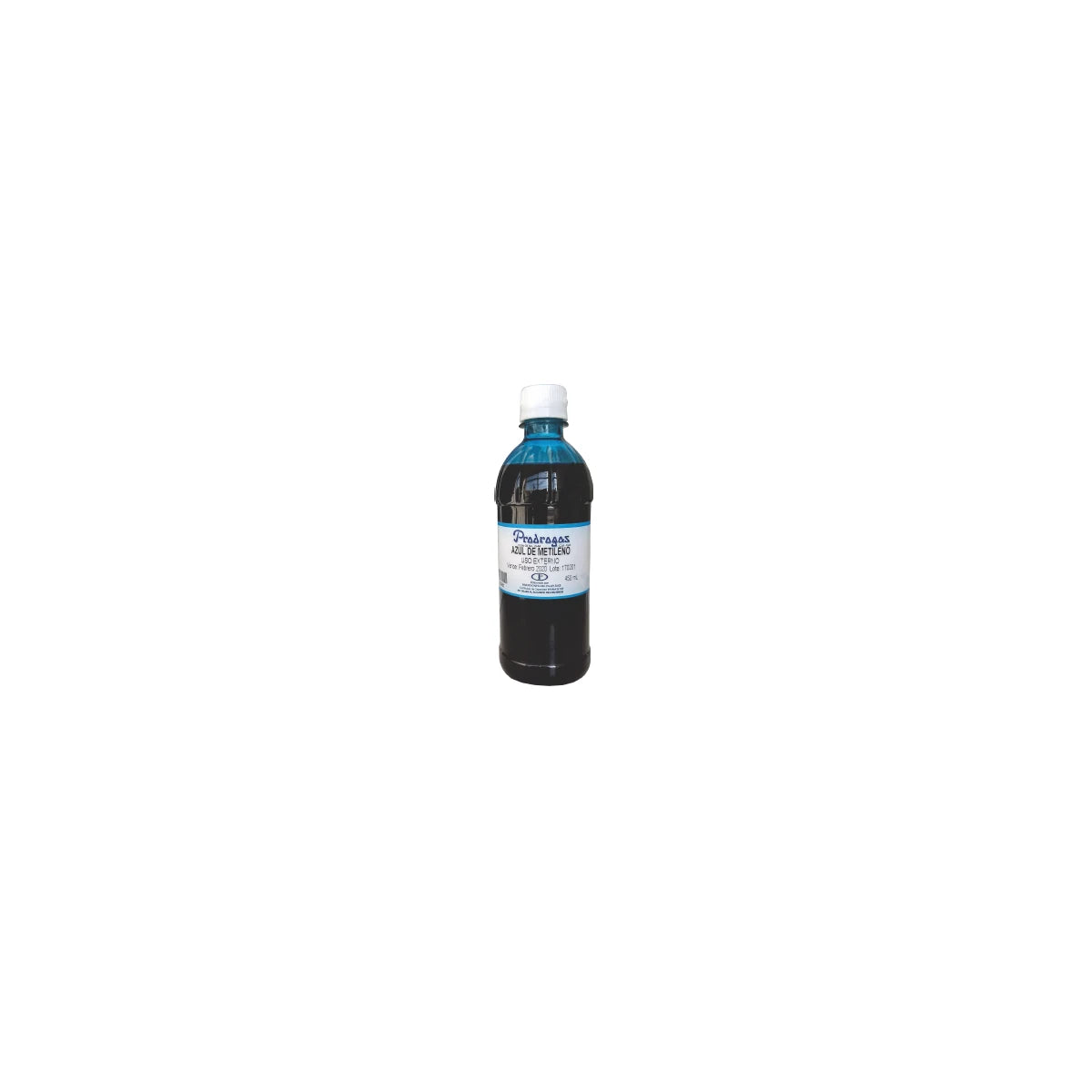 Solución antiséptica premium Azul De Metileno de 450 ml, en frasco plástico azul con tapa blanca, fondo blanco.