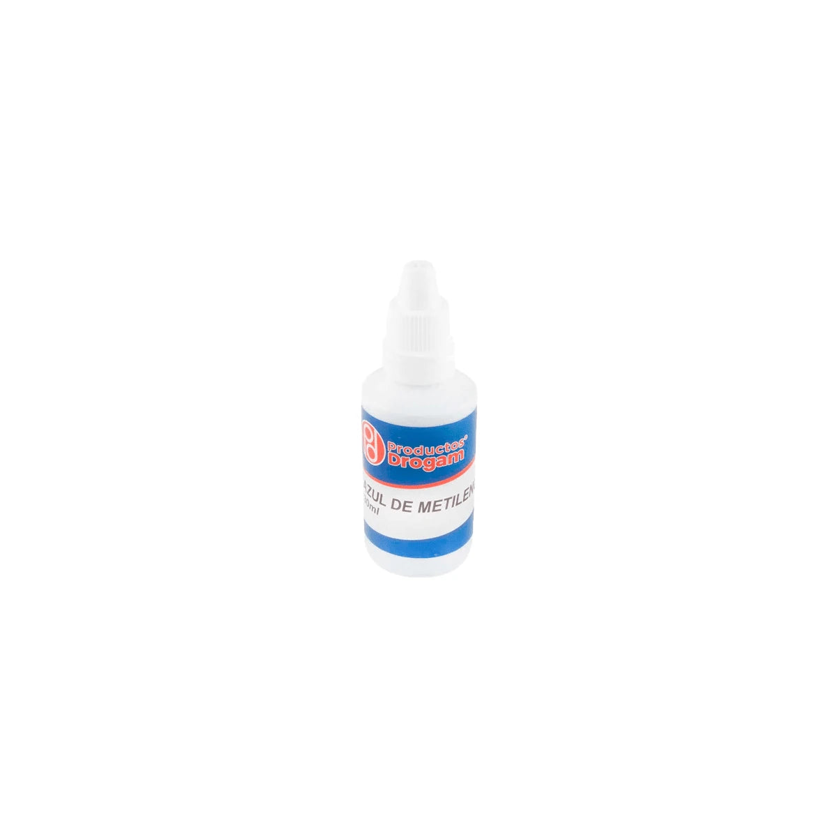 Solución Azul De Metileno 30 ml, antiséptico líquido en frasco de 30 ml, color azul intenso, fondo blanco.