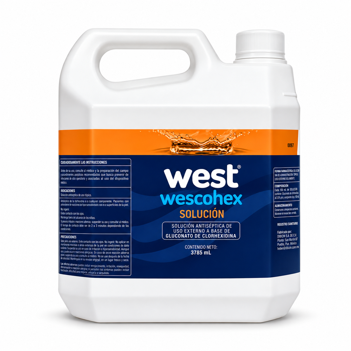 Solución de clorhexidina WESCOHEX en presentación galón, antiséptico para limpieza y desinfección.