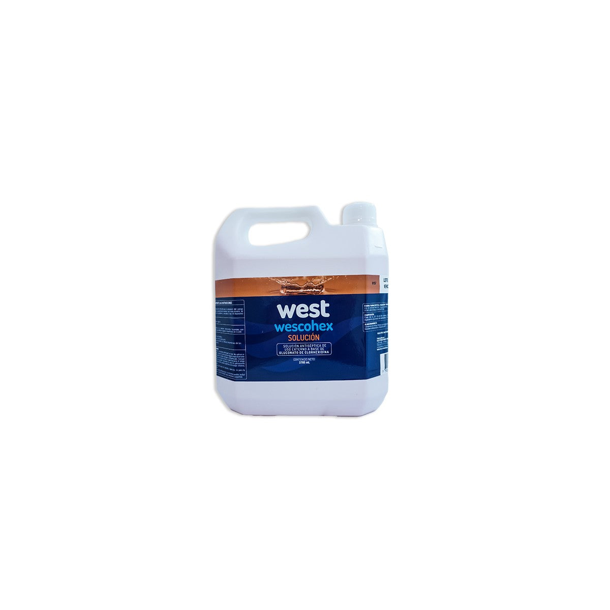 WESCOHEX Solución Clorhexidina 1L, antiséptico líquido de color transparente, en envase de plástico con tapa a rosca.