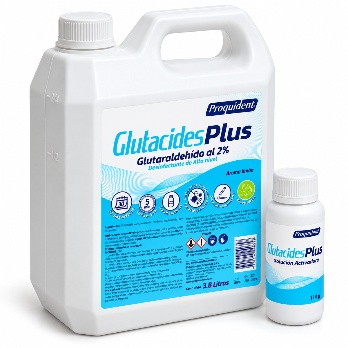Solución desinfectante Glutacides PLUS+ Proquident de 3.8 L aroma limón, diseñada para uso conforme a las instrucciones del fabricante.