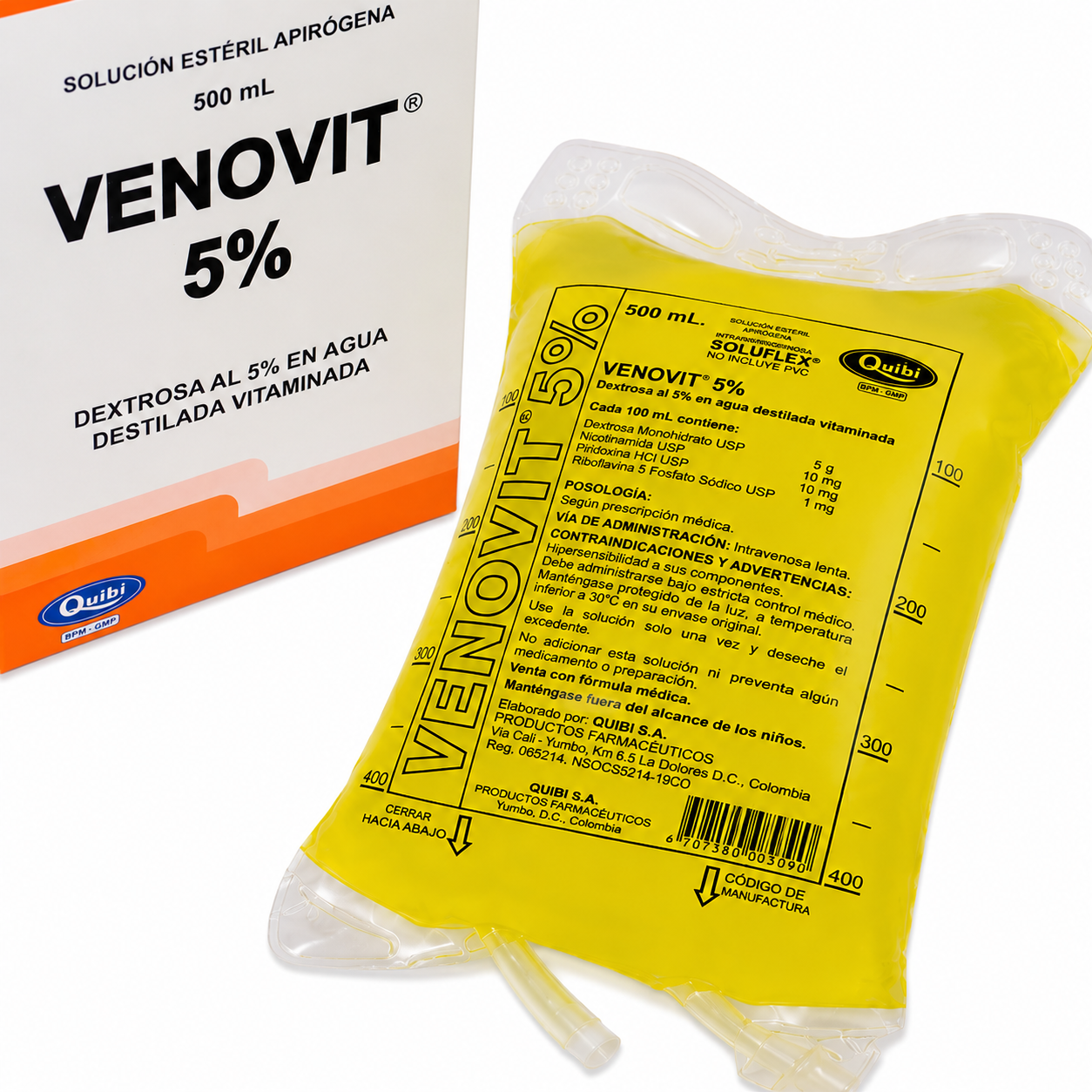 Solución intravenosa Venovit 5% A.D 500 mL complejo B Quibi x unidad para uso clínico y hospitalario