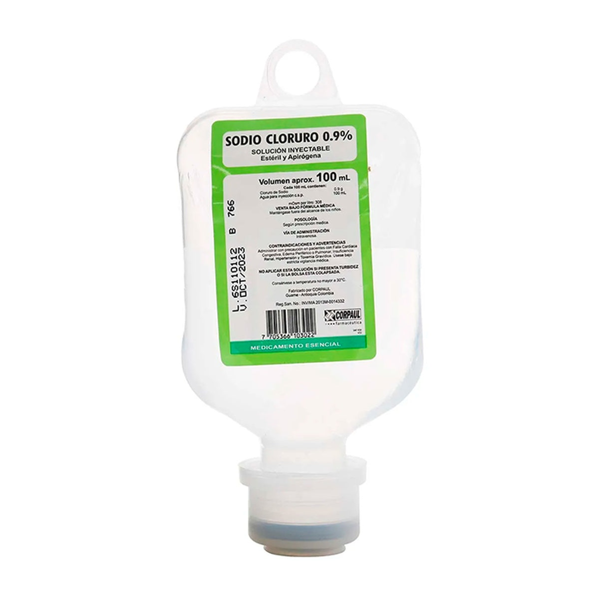 Solución salina de cloruro de sodio al 0.9% en bolsa de PEBD de 100 mL, transparente e incolora, para uso intravenoso.