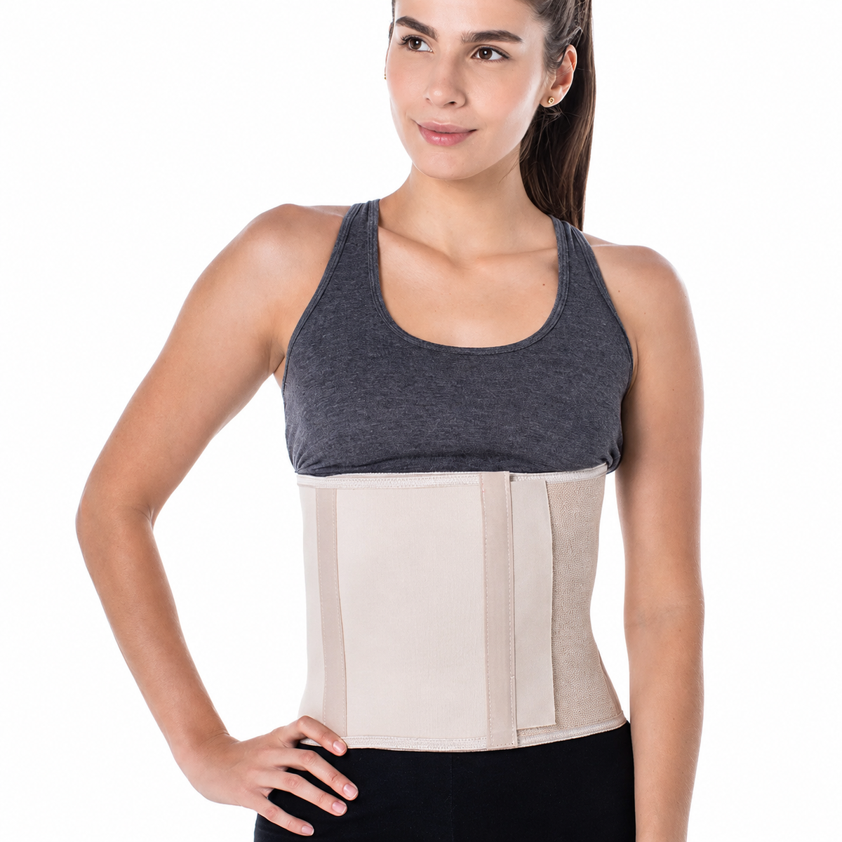 Soporte abdominal Kromia de 23 cm color habano, talla L-XL, diseñado para brindar compresión, ajuste y soporte en la zona abdominal.