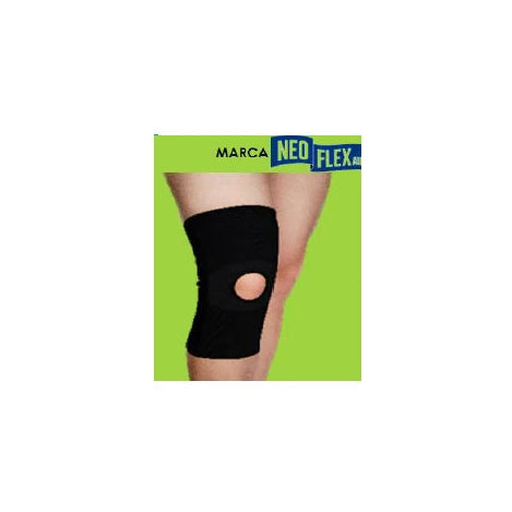 Soporte elástico para rodilla NEOFLEX KN-007-M, color negro, con estabilizadores laterales y diseño anatómico para soporte y compresión.