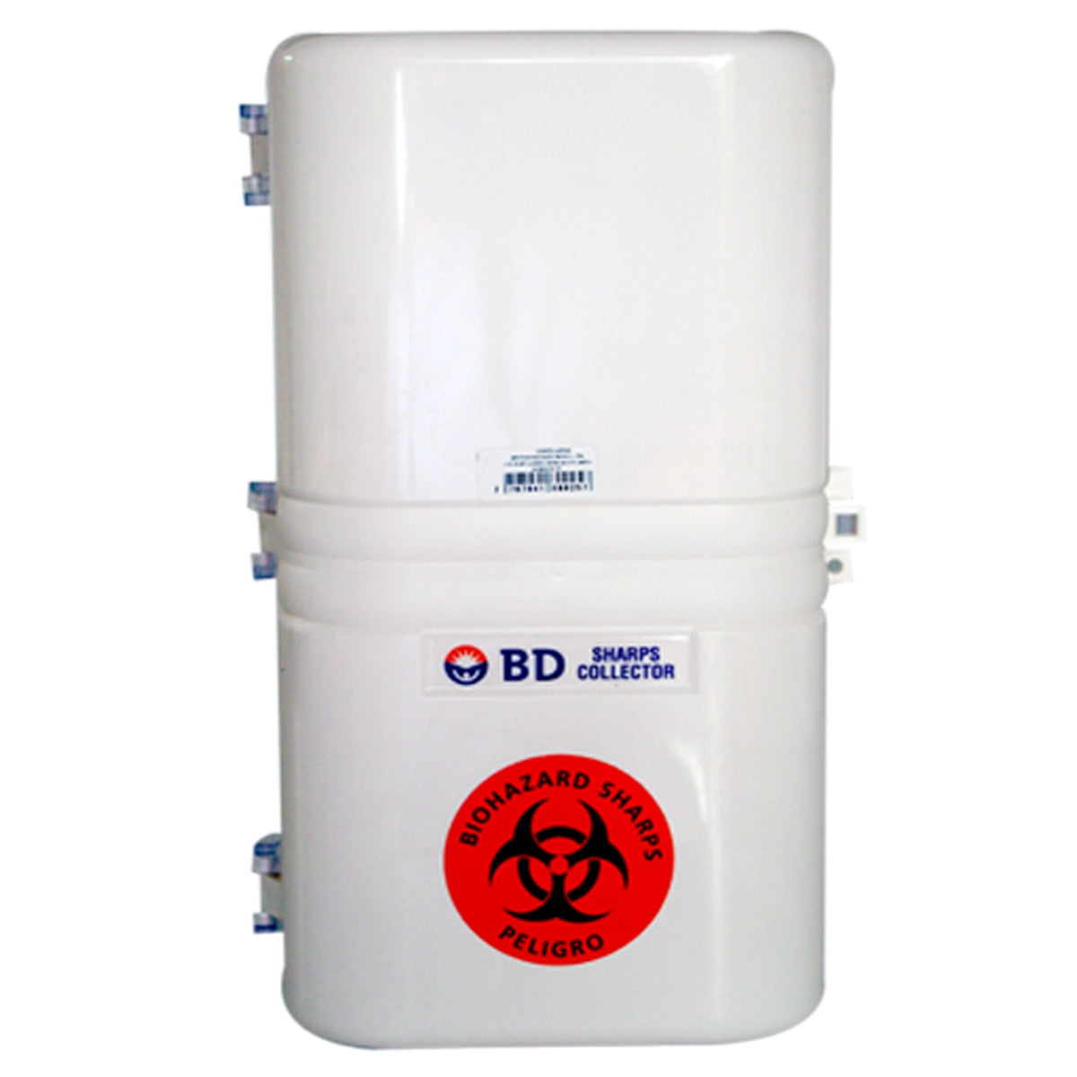 Recolector de elementos punzo cortantes Guardian de 2.9 litros, fabricado en polipropileno rígido, con tapa de embudo unidireccional y cierre de seguridad.