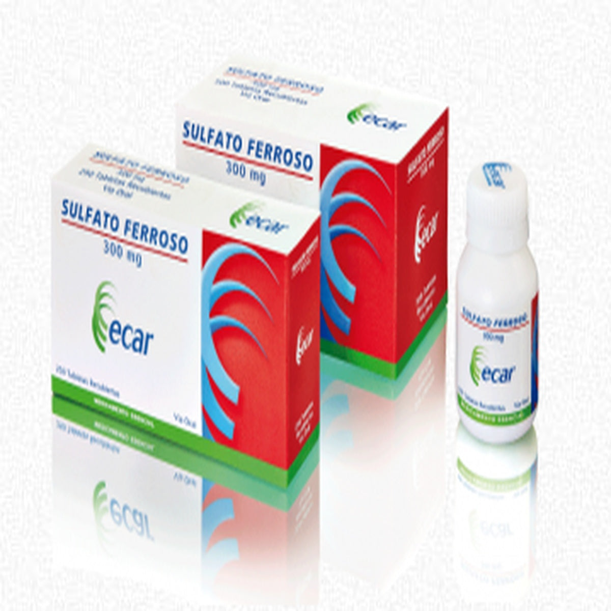 Sulfato Ferroso 300 mg en caja de 250 tabletas recubiertas, color verde, forma ovalada, fabricado por Lab Ecar.