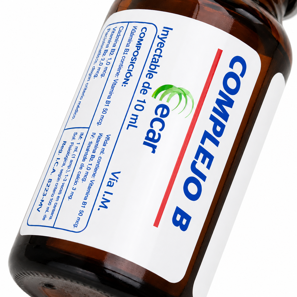 Suplemento energético Complejo B Inyectable 10 ml ECAR en presentación farmacéutica para apoyo nutricional.