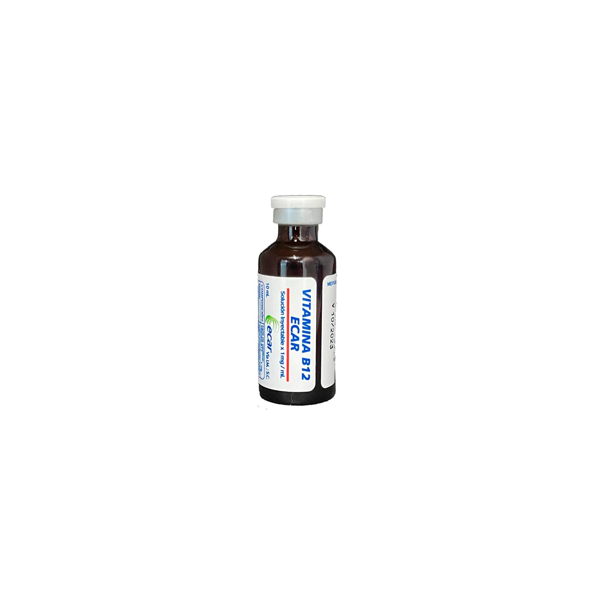 Ecar Vitamina B12 10 mg en frasco de 10 ml, líquido transparente, utilizado como suplemento energético.