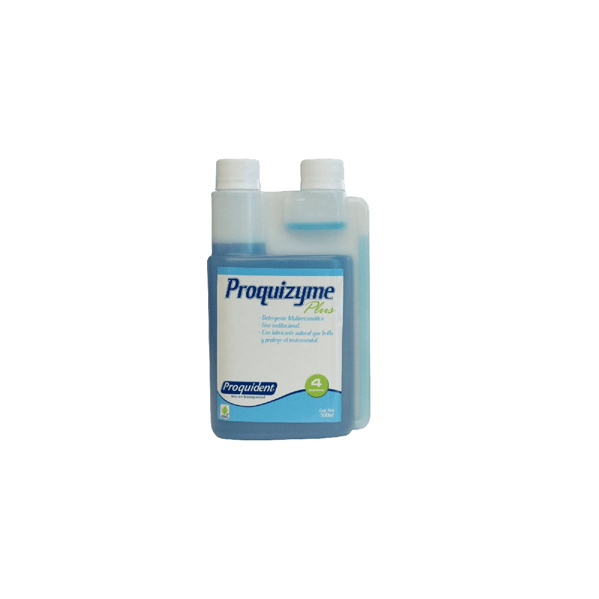 Detergente líquido multienzimático PROQUIZYME PLUS de 500 mL, color azul, formulado para limpieza de instrumental quirúrgico y áreas. Contiene 6 enzimas.