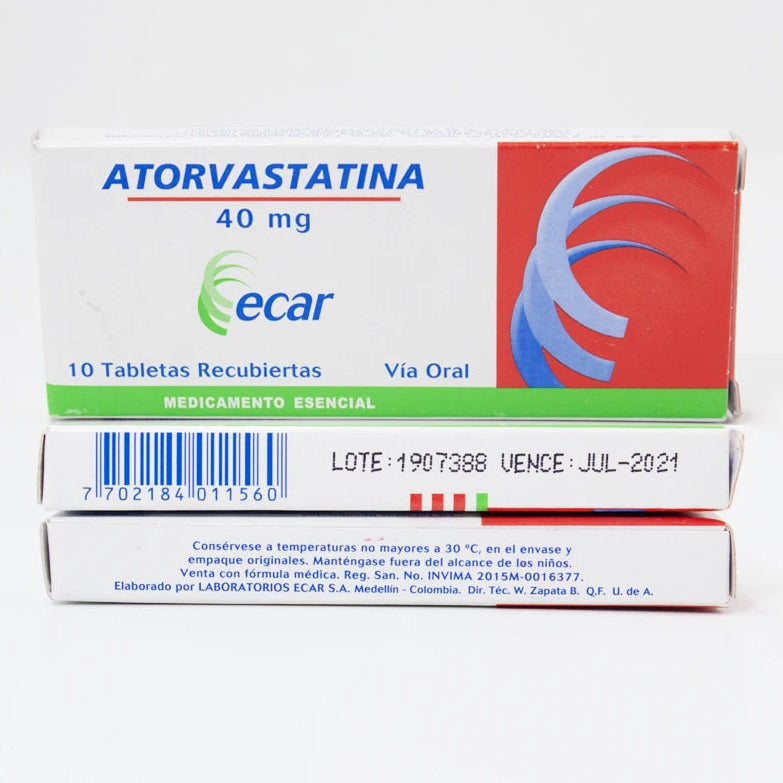 Atorvastatina 40 mg Ecar, 10 tabletas recubiertas, en blíster, con forma ovalada y color blanco, sobre fondo blanco.