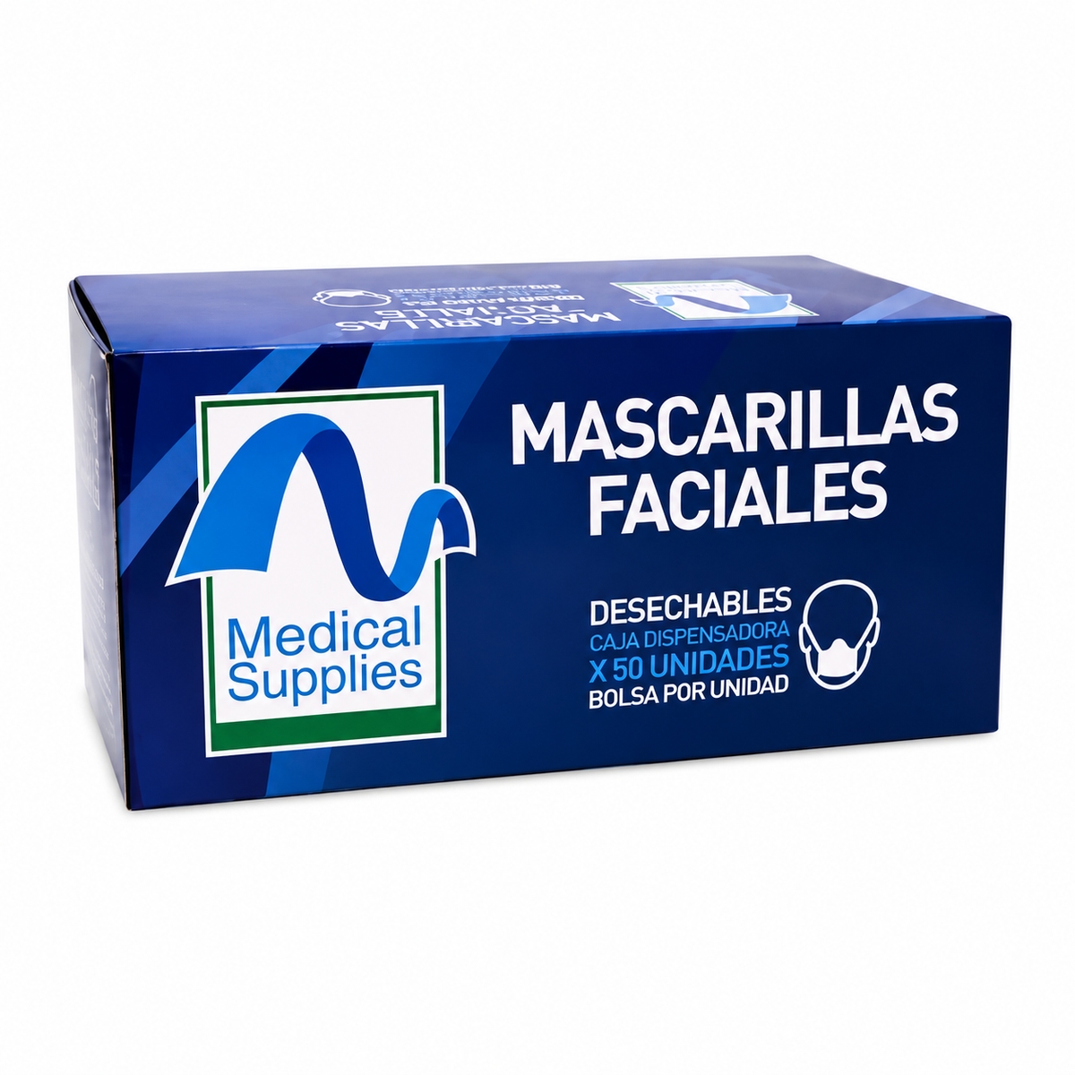 Tapabocas desechables Medical Supplies con elásticos, caja x 50 unidades para protección respiratoria.