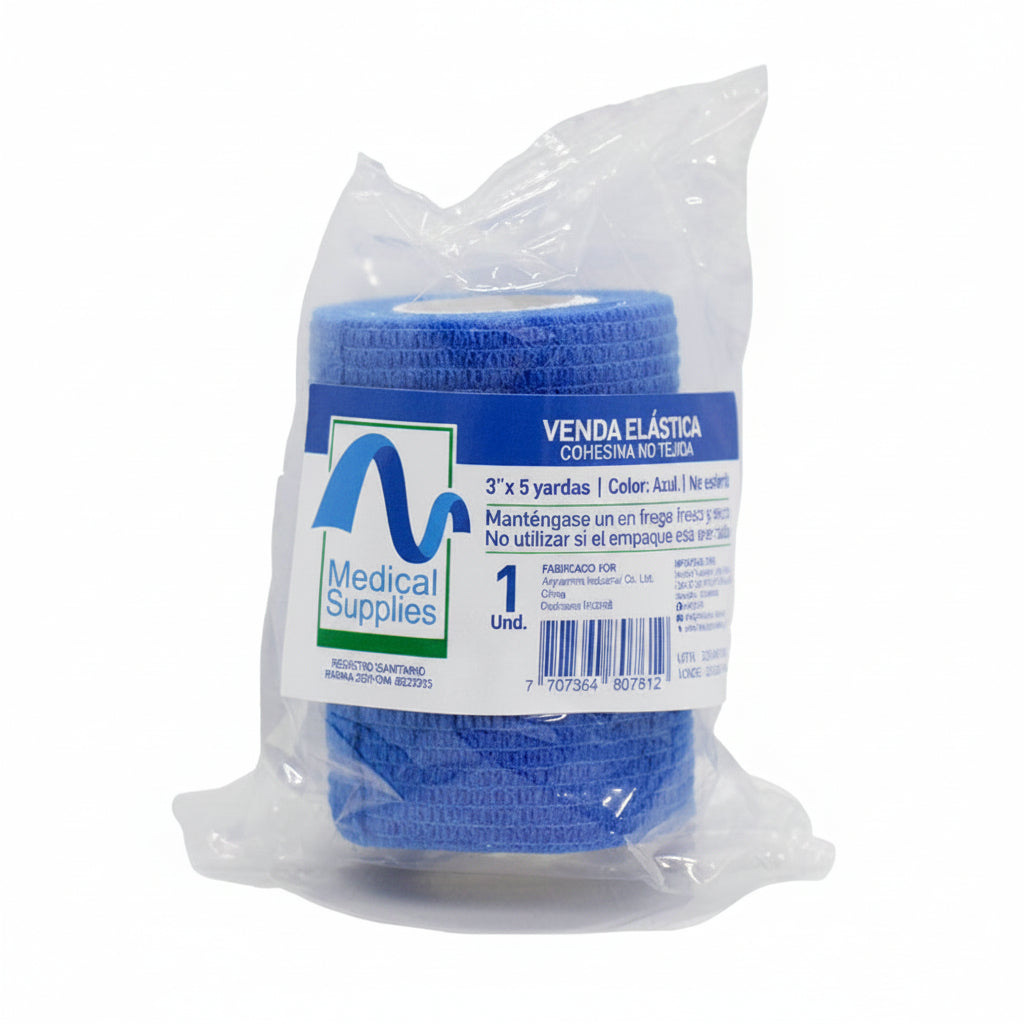 Venda Cohesiva Azul de 3x5 yardas, fabricada en material elástico, ideal para sujeción y soporte en lesiones.