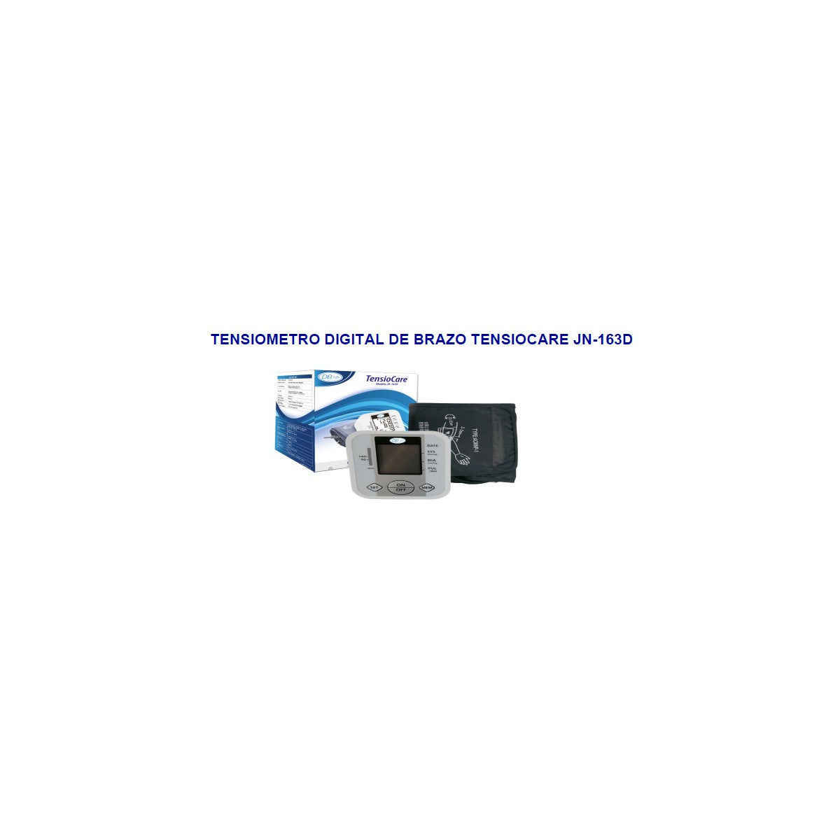 Tensiómetro digital automático Tensiocare JN-163D, de color blanco, con pantalla LCD y manguito ajustable para medir la presión arterial.