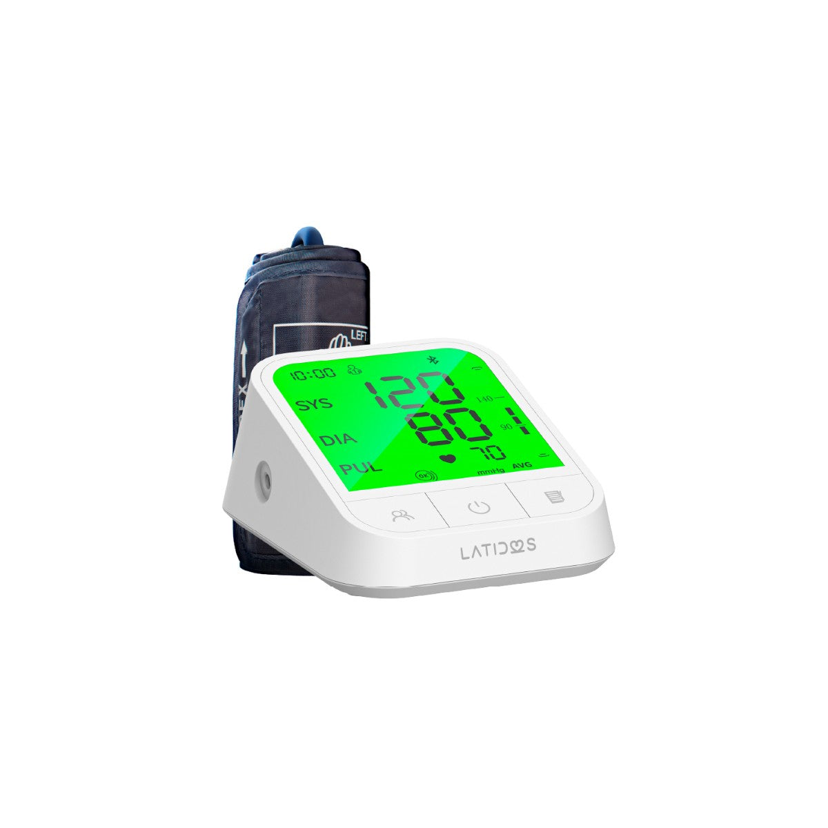 Tensiómetro digital Bluetooth GMD-BPM-30C, dispositivo compacto en color blanco, con pantalla digital y botones de control.