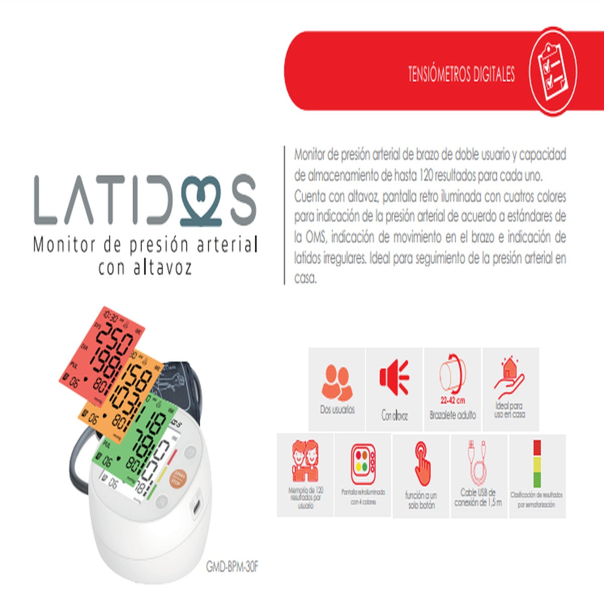 Tensiómetro digital de brazo GMD-BPM-30F, con pantalla LCD retroiluminada, brazalete ajustable de 22 a 42 cm y altavoz integrado.