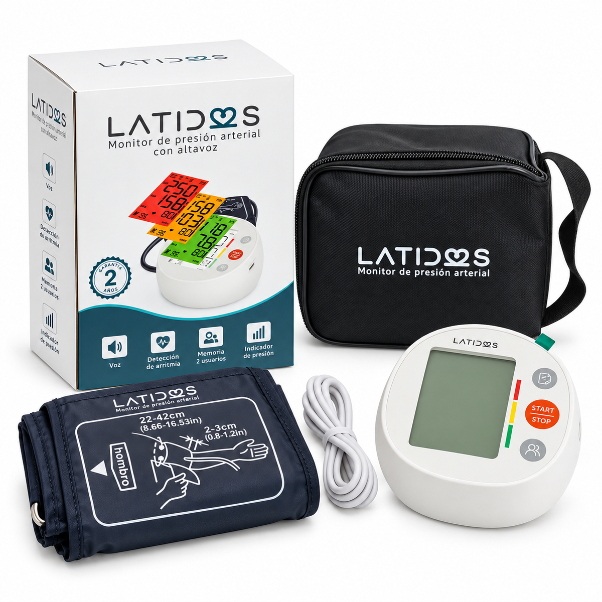 Tensiómetro digital de brazo GMD-BPM-30F con altavoz, diseñado para medir la presión arterial y facilitar la lectura de los resultados.