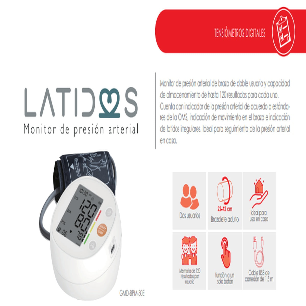 Tensiómetro digital de brazo GMD-BPM-30E, con pantalla LCD retroiluminada, brazalete ajustable y capacidad de almacenamiento de 120 mediciones.