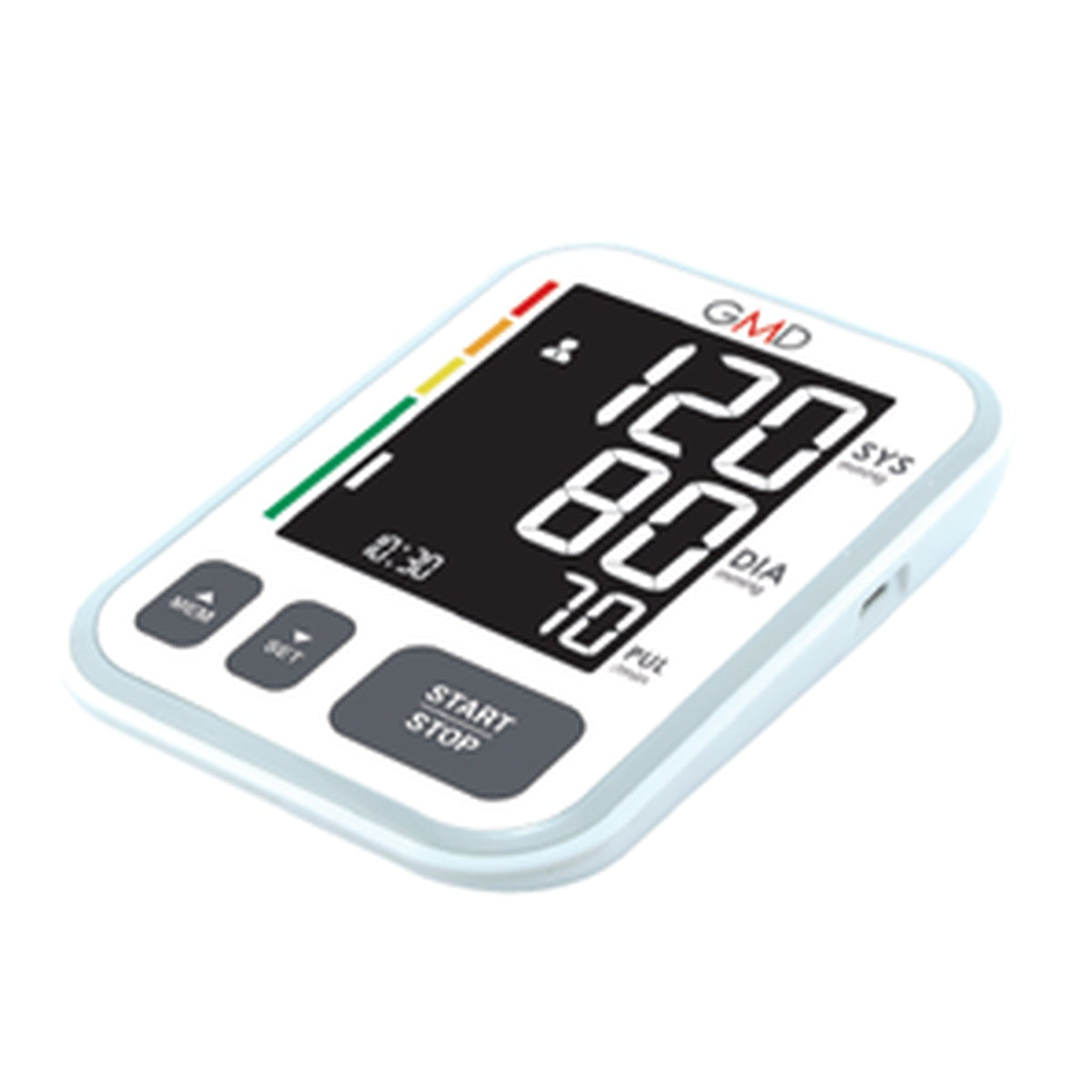 Tensiómetro digital GMD-BPM-1872 con altavoz, en color blanco, diseñado para medir presión arterial y pulso, incluye brazalete ajustable.